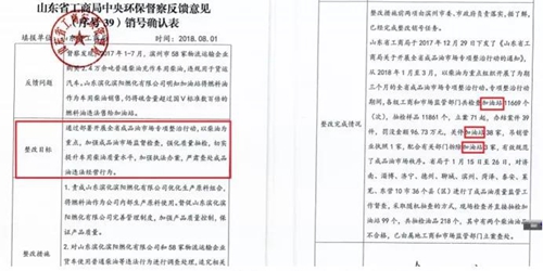 2018年11月1日，中央第三生態(tài)環(huán)境保護督察組進駐山東省開展“回頭看”。通過對相關部門走訪問詢，并抽查有關企業(yè)，發(fā)現(xiàn)山東省物流運輸企業(yè)違規(guī)使用普通柴油或其他高硫分燃油問題依然十分突出，柴油貨車尾氣污染嚴重。  一、基本情況  《大氣污染防治法》明確，禁止向汽車和摩托車銷售普通柴油以及其他非機動車用燃料。第一輪中央環(huán)保督察反饋指出，山東省以普通柴油替代車用柴油的情況較多，濱州等地市大量物流運輸企業(yè)違規(guī)使用普通柴油，尾氣污染問題突出。  為此，山東省整改方案要求，杜絕違規(guī)使用普通柴油的情況，并明確由原省工商局負責部署推進相應整改工作。原省工商局于2018年8月1日上報山東省環(huán)境保護督察反饋意見整改工作領導小組，聲稱該問題完成整改并銷號。  二、主要問題  督察發(fā)現(xiàn)，原山東省工商局作為整改責任主體沒有認真履行整改職責，未就整改工作進行部署推進，整改任務目標完全落空，全省物流運輸企業(yè)違規(guī)使用普通柴油或高硫分燃油問題依然普遍存在。  （一）違規(guī)售油無人管。督察組抽查3個地市的4家煉化公司，發(fā)現(xiàn)這些煉化公司違規(guī)大量向物流運輸企業(yè)銷售普通柴油或其他高硫分燃油，導致這些柴油大量替代車用柴油使用，污染嚴重。2018年，東營齊潤化工有限公司將3萬余噸硫含量近2000mg/kg的常壓柴油售給物流運輸企業(yè)和加油站，墾利石化有限公司也將3萬余噸硫含量2000-3000mg/kg的燃油售給相關物流運輸企業(yè)和加油站，硫含量最高超標約300倍。2017年中央環(huán)保督察以來，山東匯豐石化集團有限公司將近40萬噸普通柴油銷往多家物流運輸企業(yè)，濰坊市昌邑石化有限公司將5萬余噸國Ⅳ和國Ⅴ的普通柴油售給物流運輸企業(yè)。現(xiàn)場抽查發(fā)現(xiàn)，物流運輸企業(yè)多數(shù)在自身停車場內(nèi)私自安裝加油裝置，將所購違規(guī)油品自用，昌邑市盛宏物流有限公司甚至違法轉售其他社會車輛。   圖1 昌邑市盛宏物流有限公司在停車場內(nèi)私設加油裝置  （二）督察整改做樣子。原省工商局作為督察整改的責任主體，接受任務時服從安排，實際整改時做做樣子。督察反饋明確指出問題主要是煉化公司違法向物流運輸企業(yè)銷售普通柴油替代車用柴油使用，導致汽車尾氣污染。但原省工商局等部門整改時僅部署對加油站和成品油倉儲批發(fā)企業(yè)的檢查，沒有將煉化公司到物流運輸企業(yè)的黑色鏈條作為查處對象。整改工作指東打西，真正問題沒有觸及。另外，整改方案明確的目標是“強化日常監(jiān)督管理，杜絕違規(guī)使用普通柴油”；但原省工商局擅自在銷號材料中將目標改為“針對加油站開展專項整治行動”，以此蒙混過關，虛假銷號。   圖2 原省工商局在銷號確認表上弄虛作假  （三）執(zhí)法監(jiān)管走過場。2017年以來，山東省各市共打擊取締非法加油點近2000家，但僅對涉案物流運輸企業(yè)進行了處罰，未能以此為線索追根溯源，對源頭煉化公司違規(guī)售油問題進行查處，煉化企業(yè)到物流運輸企業(yè)的黑色鏈條始終未被斬斷。  一些煉化企業(yè)長期游離于監(jiān)管之外，缺乏對法律的敬畏。2018年8月，生態(tài)環(huán)境部調(diào)研發(fā)現(xiàn)中國化工集團山東昌邑石化有限公司涉嫌違法生產(chǎn)銷售國Ⅳ普通柴油，但在進一步調(diào)查時，企業(yè)拒絕配合，不提供相關臺賬，并臨時編造相關記錄。“回頭看”進駐后，督察組再次現(xiàn)場檢查，要求企業(yè)提供儲運臺賬，企業(yè)依然拒絕提供，并繼續(xù)編造謊言，提供虛假材料，性質(zhì)十分惡劣。  對此，濰坊市查處不嚴不實，甚至試圖蒙混過關。在督察組兩次督導后，查處工作依然走過場，在未調(diào)度企業(yè)生產(chǎn)記錄和儲運臺賬等關鍵證據(jù)的情況下，即采信企業(yè)說法，甚至未調(diào)閱生產(chǎn)記錄就作出該企業(yè)2018年未生產(chǎn)銷售國Ⅳ普通柴油的結論。直到督察組再次督導、進一步明確要求后才加大查處力度，發(fā)現(xiàn)該企業(yè)2018年實際以燃料油名義違規(guī)銷售國Ⅳ普通柴油4萬多噸。  三、原因分析  原山東省工商局不在整改落實中下功夫，反而在整改銷號上動腦筋，表面整改，虛假整改問題突出。  山東省有關地市不敢動真碰硬，對違法銷售不合格油品的黑色鏈條整治不力，未能對油品來源追根溯源，未對煉化企業(yè)的違法行為依法查處。